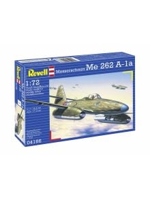 Кутия на Revell 1:72 модел "Военен самолет - Messerschmitt Me 262 A-1a" с ефектна илюстрация на самолета в полет върху синьо-жълт фон; включва продуктова информация и размери.