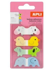 Пакетът Самозалепващи индекси Apli Happy Idex Animales Rosa включва сладки табове с форма на животни - бяло куче, жълта котка, оранжева патица и син слон - идеални за детски индекс разделители на розов фон.