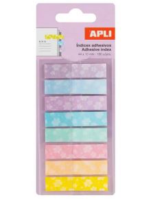 Самозалепващи индекси Apli Happy Idex Floral в пастелни тонове (син, зелен, лилав, розов, оранжев и жълт) с флорални мотиви в прозрачен пластмасов калъф.