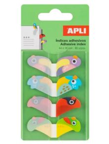 Самозалепващи индекси Apli Happy Idex Pajaros - комплект във формата на цветни глави на птици, с пет дизайна (лилаво, жълто, синьо, розово и червено), подредени върху зелена подложка.