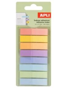 Самозалепващи индекси Apli Happy Idex Pastel 1, 2, 3: 160 бр. в осем пастелни цвята, подредени вертикално по двойки. Етикетът е на испански и английски език. Размер на всеки индекс: 44 x 10 мм.