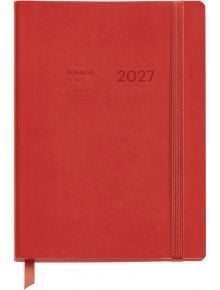 Седмичният органайзер „Miquelrius Red“ (18 месеца: септември 2026 – декември 2027) има еластично затваряне, лента за отбелязване на страницата, шити корици, семпла корица с релефни надписи „AGENDA DIARY 2027“ и „SEMANAL WEEKLY“ и е изработен от висококаче