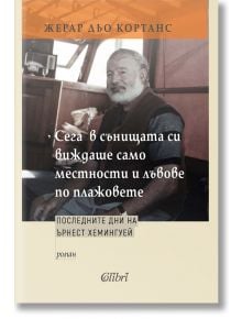 Корицата на книгата на български език "Сега в сънищата си виждаше само местности и лъвове по плажовете" с възрастен мъж с бяла брада на лодка, напомняща за последните дни на Хемингуей; топъл морски дизайн от Жерар дьо Кортанс.