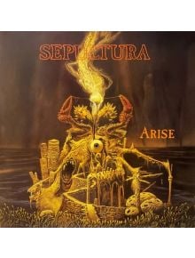 Сюрреалистично произведение на изкуството на скелетна, многоока фигура сред странни структури, със смел оранжев текст "Sepultura - Arise (2 VINYL)", предизвикващ ремастериран албум траш метъл винил естетика.