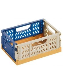 Сгъваема кутийка Apli Tricolor, Base Mustard - трицветен органайзер с решетъчни страни и изрязани дръжки в синьо, бежово и жълто.