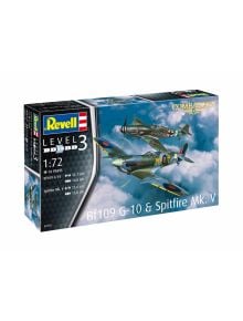 Кутията "Сглобяем модел Revell - Combat Set Messerschmitt Bf109G-10 & Spitfire Mk.V" съдържа илюстрирани Bf109G-10 и Spitfire Mk.V, спецификации на модела, брой части, мащаб 1:72, пластмасови модели, логото на Revell и информация за продукта.