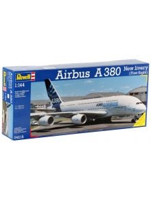 Кутията на Revell за "Сглобяем модел Revell - Самолет Airbus A380 New Livery" показва самолета в мащаб 1:144 на пистата, ограден от сини и жълти знаци, идеален за феновете на пластмасови модели.