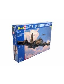 Кутията на "Сглобяем модел - Самолет B17F Memphis Belle" показва впечатляваща илюстрация на B-17 Flying Fortress, летящ сред облаци заедно с други самолети. Мащаб 1:48.