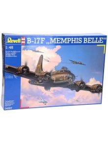 Кутията на "Сглобяем модел - Самолет B17F Memphis Belle" показва впечатляваща илюстрация на B-17 Flying Fortress, летящ сред облаци заедно с други самолети. Мащаб 1:48.