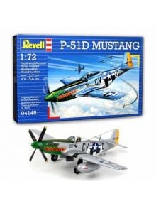 Изображение на кутията на Сглобяем модел Revell - Самолет P-51D Mustang, мащаб 1:72, показващ Втората световна война изтребител COOKIE в полет с други Mustangs и многоезичен брандинг.