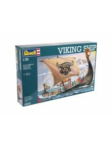 Кутия на сглобяем модел Revell - Викингски кораб, Viking Ship мащаб 1:50 с илюстрация на викингски кораб с шарено платно и пъстри щитове, плаващ по море под облачно небе.