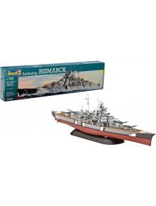 Сглобяем модел Revell - Военен кораб: Bismarck 1:700 е представен с кутия с изображение на кораба и завършена детайлна сива и червена реплика на стойка.