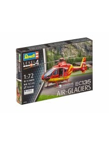 Сглобяем модел Revell - Хеликоптер EC135 Air Glaciers, мащаб 1:72, с 75 части и дължина 14,3 см; кутията показва червения и жълт хеликоптер в полет-идеален избор за фенове на моделизма.