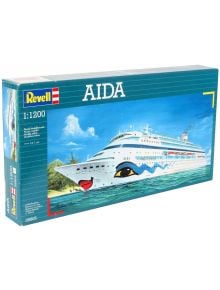 Кутия на сглобяем модел Revell - Круизен кораб AIDA 16.1 см, пластмасов макет с ярки устни и очи на носа, изобразен до тропически бряг.