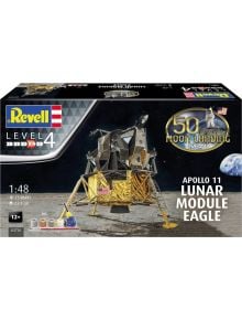 Сглобяем модел Revell - Apollo 11 Лунен модул Eagle: илюстрация на лунния модул на Луната, бадж за 50 години от кацането, данни за мащаб, части и възраст. Перфектен избор за фенове на космическите мисии.