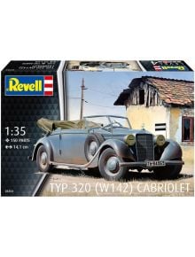 Кутията на сглобяем модел Revell - Автомобил кабриолет 320 W142 показва илюстрация на ретро Mercedes-Benz, паркиран пред стара сграда, със скалата, броя части и размерите изписани отляво.