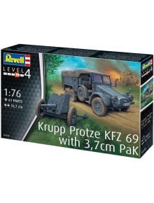 Кутията на "Сглобяем модел Revell - Автомобил Krupp Protze Kfz. 69" показва илюстрация на военен камион с оръдие, мащаб 1:76, 61 части, дължина 10.7 см, ниво 4-идеално за модела за сглобяване или диорама.