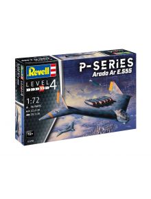 Кутията на Revell Сглобяем модел Бомбардировач Arado AR-555, Level 4, мащаб 1:72, показва летящ крило футуристичен самолет над града, с информация за части и размер.
