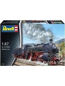 Изображение на кутията на сглобяем модел на Revell - Експресен влак локомотив BR18 505 с тендер, изобразен сред планини и дървета. Железопътният модел е в мащаб 1:87, съдържа 163 части и е с дължина 28,4 см.