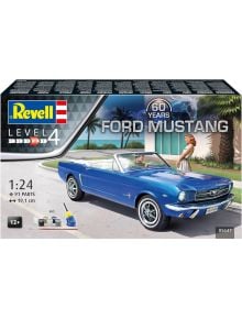 Сглобяем модел Revell - Ford Mustang 60th, Комплект на 1:24 мащаб със син кабриолет от 60-те, включва фигури на шофьор и жена, бои, лепило и четка.