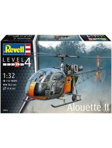 Изображение на кутията за сглобяем модел Revell - хеликоптер Alouette II, мащаб 1:32, с илюстрация на летящ хеликоптер. Кутията отбелязва 112 части, ниво 4 трудност и немски опознавателни знаци.