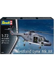 Кутията на сглобяем модел Revell - Хеликоптер Westland Lynx MK.88A в 1:72 мащаб показва военноморския хеликоптер в полет над океана с технически данни и брой части върху опаковката.
