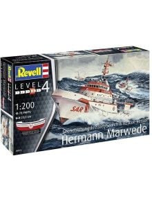 Кутията на сглобяем модел Revell - Катер Hermann Marwede (1:200, ниво 4, 78 части) е с илюстрация на спасителния кораб в бурно море.