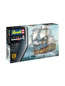 Кутията на сглобяем модел Revell - Кораб H.M.S. Victory (1:225, 269 части) показва илюстрация на историческия кораб от Кралския флот в морето, както и размерите му.