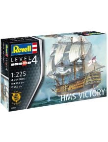 Кутията на сглобяем модел Revell - Кораб H.M.S. Victory (1:225, 269 части) показва илюстрация на историческия кораб от Кралския флот в морето, както и размерите му.