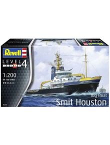 Кутията на сглобяем модел Revell - Кораб Smit Houston показва теглещ кораб в бурни води, с характеристики: мащаб 1:200, 140 части и готова дължина 33 см.