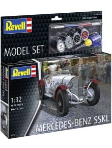 Моделният комплект на Revell - Mercedes Benz SSKL (1:32) включва бял състезателен автомобил Mille Miglia с червени акценти и номер 87. Включва съдове за боядисване и четка.