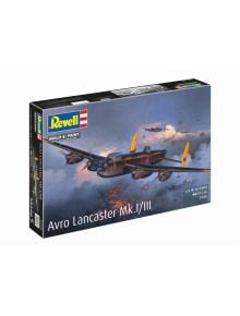 Сглобяем модел Revell - Самолет Avro Lancaster Mk.I/III: кутията изобразява бомбардировач от Втората световна война в полет на фона на други самолети и зенитен огън.
