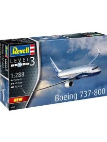 Кутията на Сглобяем модел Revell - Самолет Boeing 737-800 (ниво 3) показва илюстрация в полет; мащаб 1:288, съдържа 25 части, а размерите на готовия модел са обозначени.