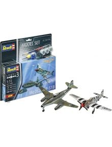 Сглобяем модел Revell - Самолет Месершмит МЕ-262 P-51B комплект включва 1:72 модел на Me 262 и P-51 Mustang с бои, лепило и четки до кутия с динамична илюстрация на летящи самолети.