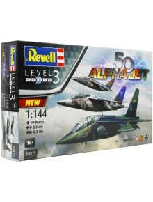 Капак на кутията за Сглобяем модел Revell - Самолети Alpha Jet 50-та годишнина, 3 бр, показва три самолета в различни окраски, текст "50-та годишнина", ниво 3 на трудност, мащаб, брой части и дължина на модела.