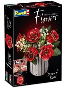 Сглобяем модел Revell - Сън за рози, 326 части: кутията показва ваза с червени дървени рози и бели цветя, включва 326 DIY елемента за флорална декорация и има аромат на цветя върху опаковката.