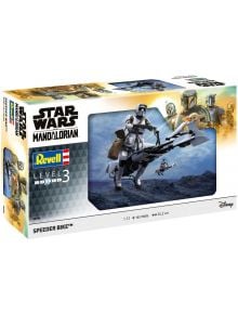 Кутия на Сглобяем модел Revell - Скоростен ездач Мандалорианецът, показваща спийдър мотор с двама войници отпред и изображения на Мандалорианеца, Грогу и други на заден план.