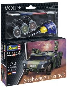 Кутията на сглобяем модел Revell - Танк Fennek, комплект, мащаб 1:72 включва изображение на танка, бои, четка, лепило и продуктова информация върху опаковката.