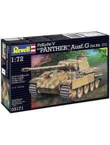 Кутията на "Сглобяем модел Revell - Танк PzKpfw V Panther" 1:72 показва динамична илюстрация на немски танк от ВСВ с войник в купола и подробна информация за продукта върху опаковката.