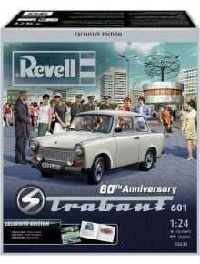 Кутия за модел на Сглобяем модел Revell - Трабант 601 Ексклузивно издание, мащаб 1:24, с илюстрация на класически Trabant и хора в стилистика от 60-те на фона на градски пейзаж.