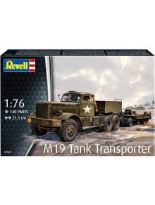 Картинката на кутията на Сглобяем модел Revell - Транспортер на танкове М19 показва детайлен зелен транспортьор на цистерни М19 с ремарке на път. Комплектът в мащаб 1:76 включва 140 части и е с размери 21,1 cm, както е отбелязано на опаковката.
