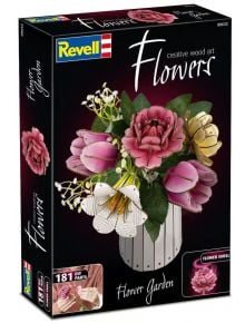 В кутията на комплекта на Revell за "Сглобяем модел Revell - Цветна градина, 181 части" е показан декоративен букет за сглобяване в бяла саксия, като на опаковката са изписани "Цветя", "Цветна градина", 181 части "Направи си сам" и прекрасният аромат на ц