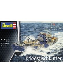 Кутията показва сглобяем модел Revell - Военен риболовен траулер, плаващ в бурно море през Втората световна война. На левия край са изобразени брендингът и детайли за продукта. Мащаб 1:144.