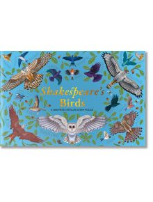 Колекционерски артистичен пъзел Thames & Hudson: Shakespeare's Birds, 1000 части - кръгъл пъзел с цветни илюстрации на птици в полет и зелена растителност, заглавие с жълти букви на син фон.