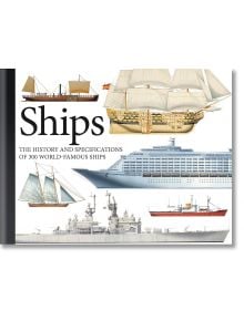 Книгата "Кораби: История и характеристики на 300 световноизвестни кораба" има корица с илюстрации на плавателни съдове като платноходка, шхуна, военен кораб, круизен лайнер и товарен кораб - идеална за любителите на кораби.