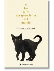 Корицата на книгата Si los gatos desaparecieran del mundo, на която е изобразена черна котка с жълти очи на светлобежов фон. Заглавието и името на автора са изписани в жълт цвят.