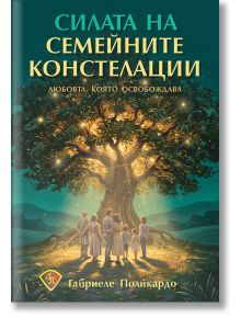 Корица на книгата на български език „Силата на семейните констелации – любовта, която освобождава“: сияйно дърво със златни листа над хора от всички възрасти, разположени в кръг, символизиращо семейните констелации и самопознанието, вдъхновено от Берт Хел