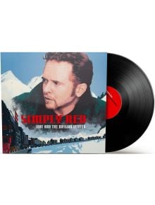 Илюстрирана обложка на Simply Red - Love and the Russian Winter (VINYL) с лице на мъж, заснежени планини, влак отдолу и винилова плоча, която се вижда частично вдясно, като всичко това внушава соул поп вибрации.