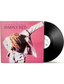 Винилова плоча е частично извадена от розовата обложка на албума Simply Red - A New Flame (VINYL), на която човек с къдрава коса в бял костюм заема драматична, наведена поза.