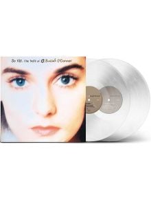 Близък план на обложката на албума Sinéad O'Connor - So Far... The Best Of (2 VINYL), на която се вижда лицето ѝ заедно с двете прозрачни винилови плочи от това лимитирано издание.